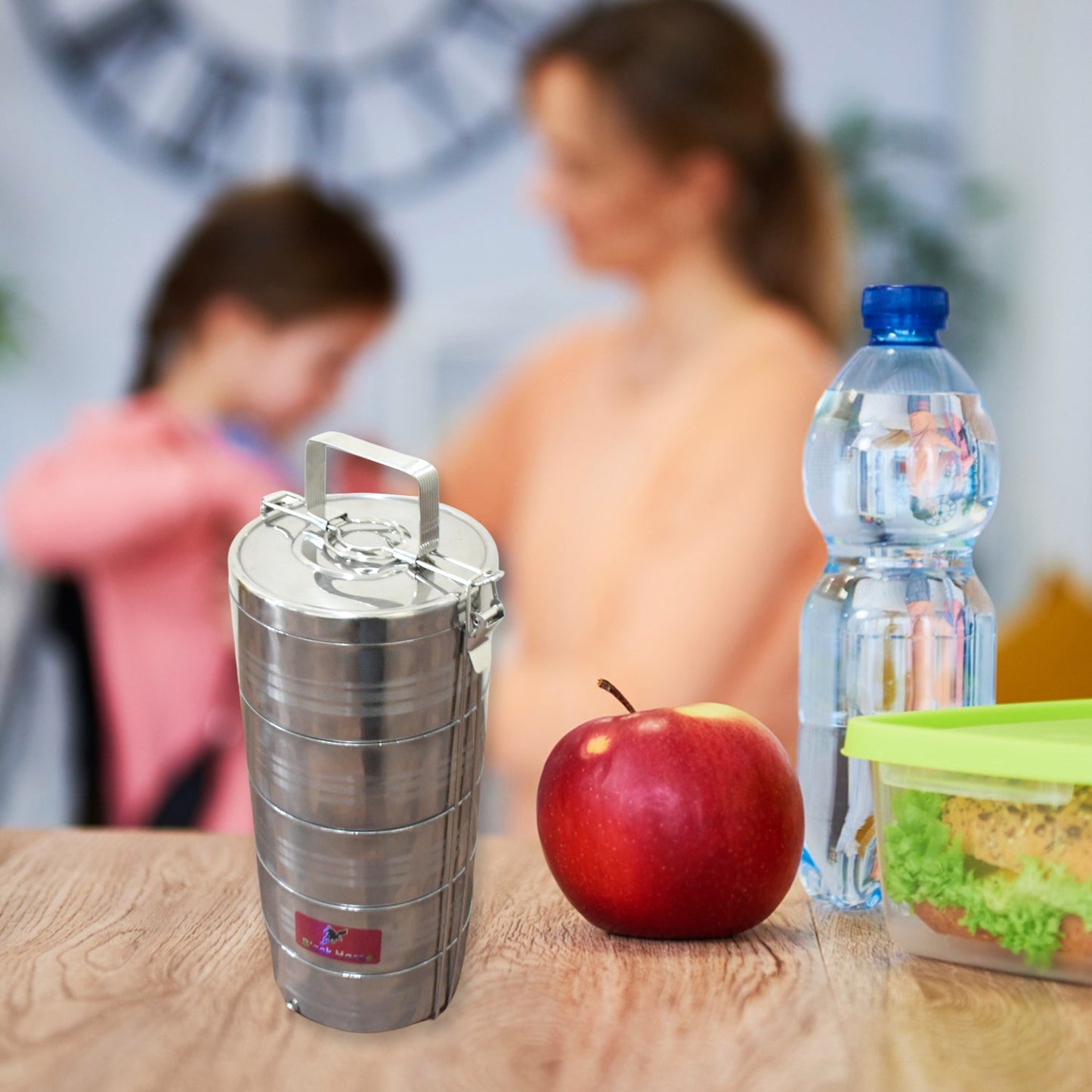 5 Compartment Lunch Box (Stainless Steel): Round Tiffin, Leakproof (16x5")