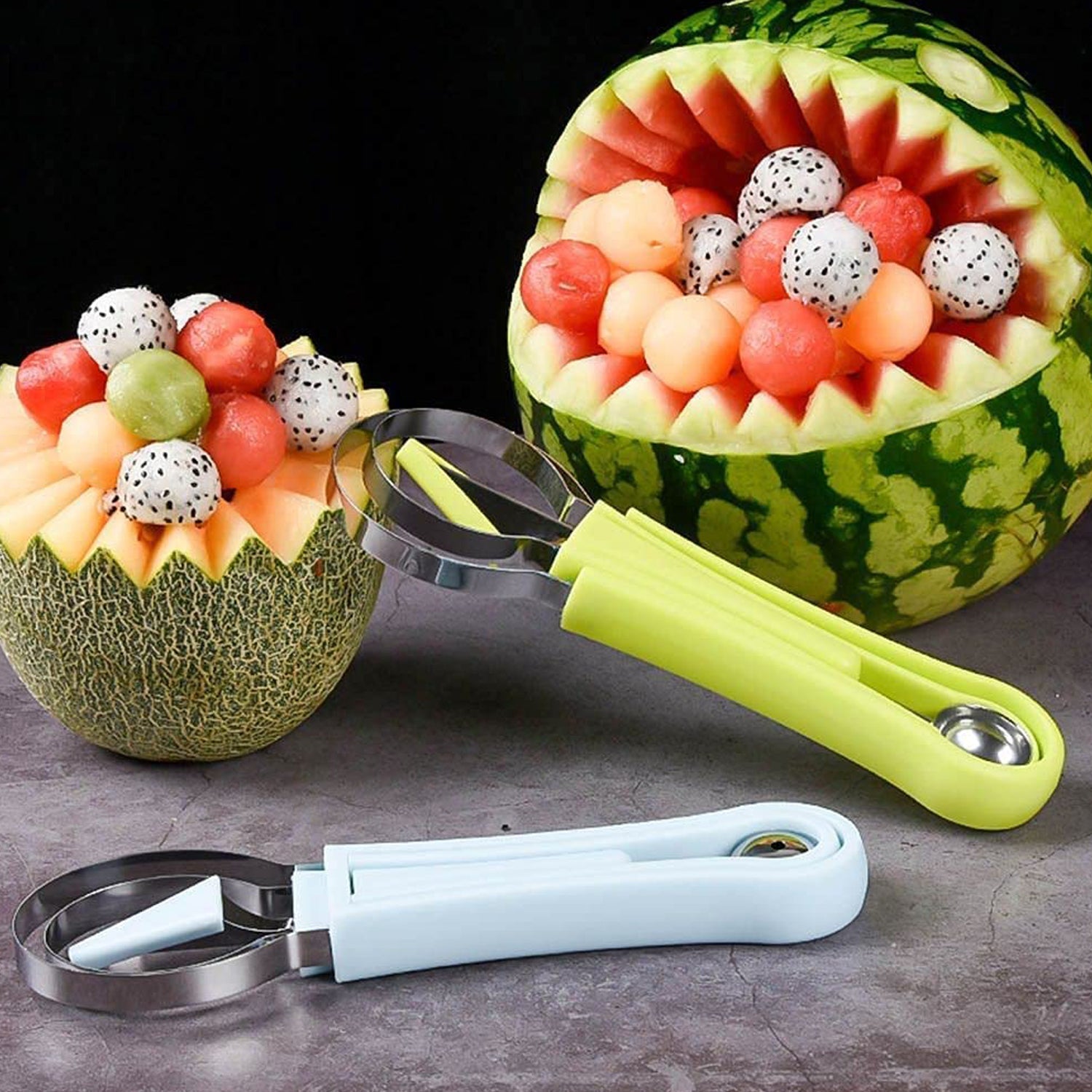 2606  4 in 1 Stainless Steel Melon Baller Seed Remover, Sorbet Dessert Ball Spoon, Fruit Digging Spoon, Double Sided Fruit Scooper, Watermelon Baller Scoop 