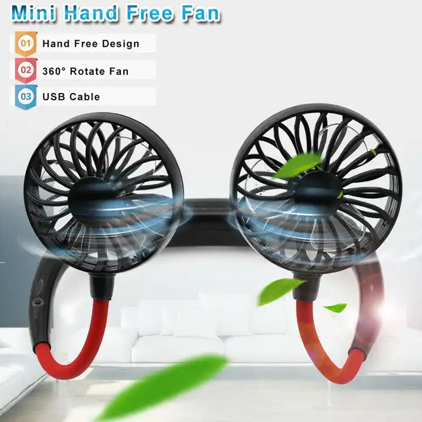 Hand Free Personal Fan - Portable USB Battery Rechargeable With Battery Comaprtment Mini Fan - Headphone Design Wearable Neckband Fan Necklance Fan Cooler Fan for Home, Sport, Camping, Beach, Travel, Office (Battery Not Included)