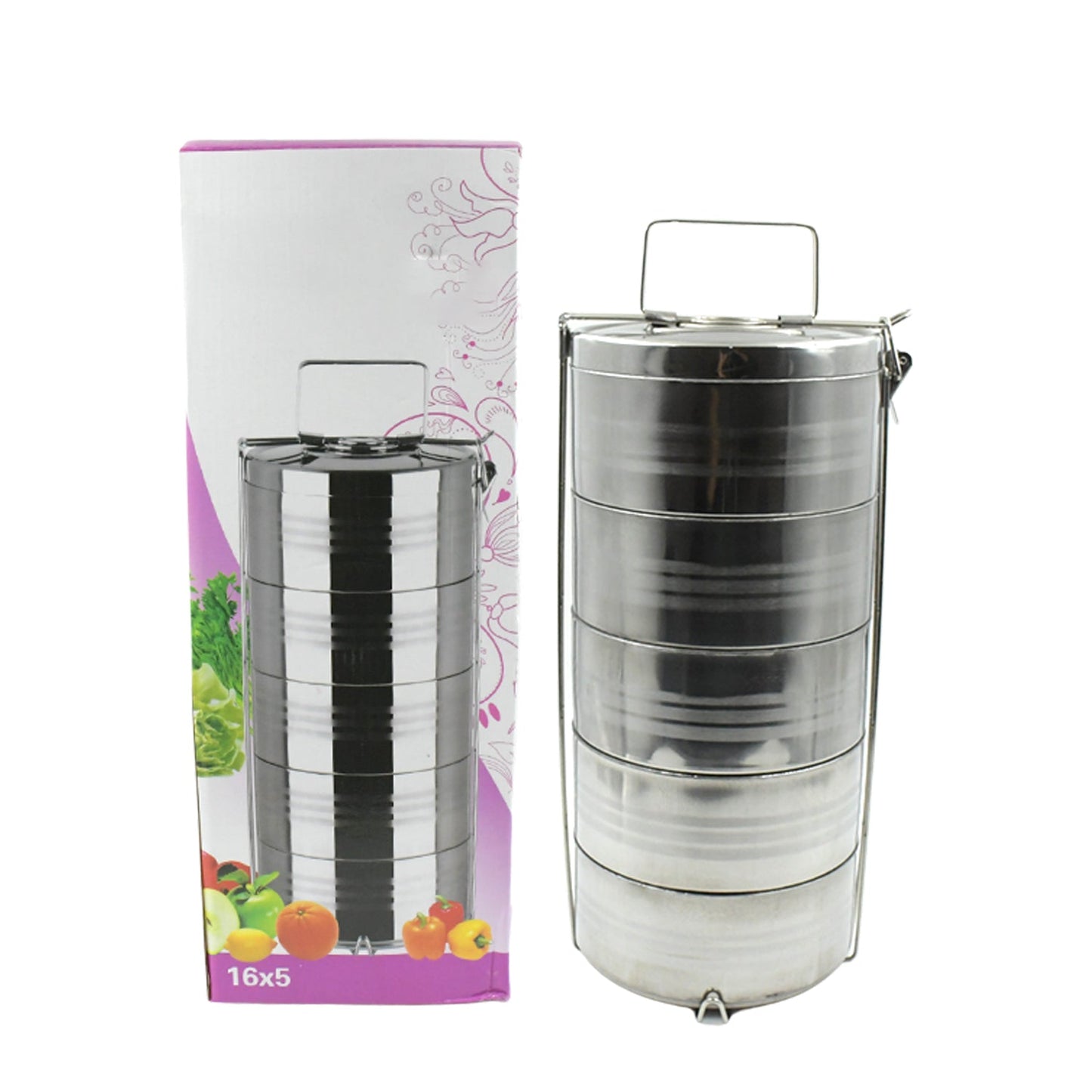 5 Compartment Lunch Box (Stainless Steel): Round Tiffin, Leakproof (16x5")