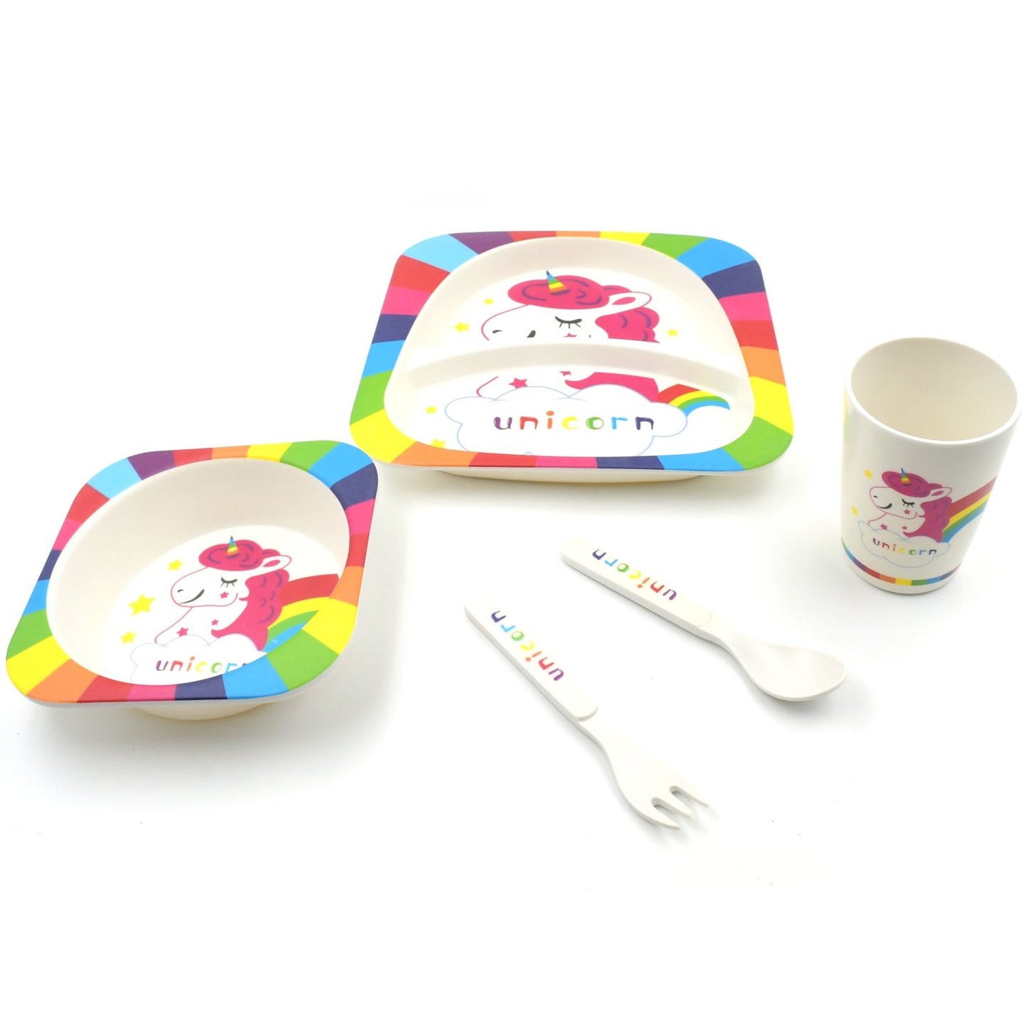 Bamboo Fiber Kids 1 Bowl, 1 Spoon, 1 Fork, 1 Glass, 1 Plate Unicorn Design for Kids and Toddlers, Children Dinnerware Set - Feeding Set for Kids, Cartoon Design Tableware Microwave & Dishwasher Safe (5 Pcs Set)