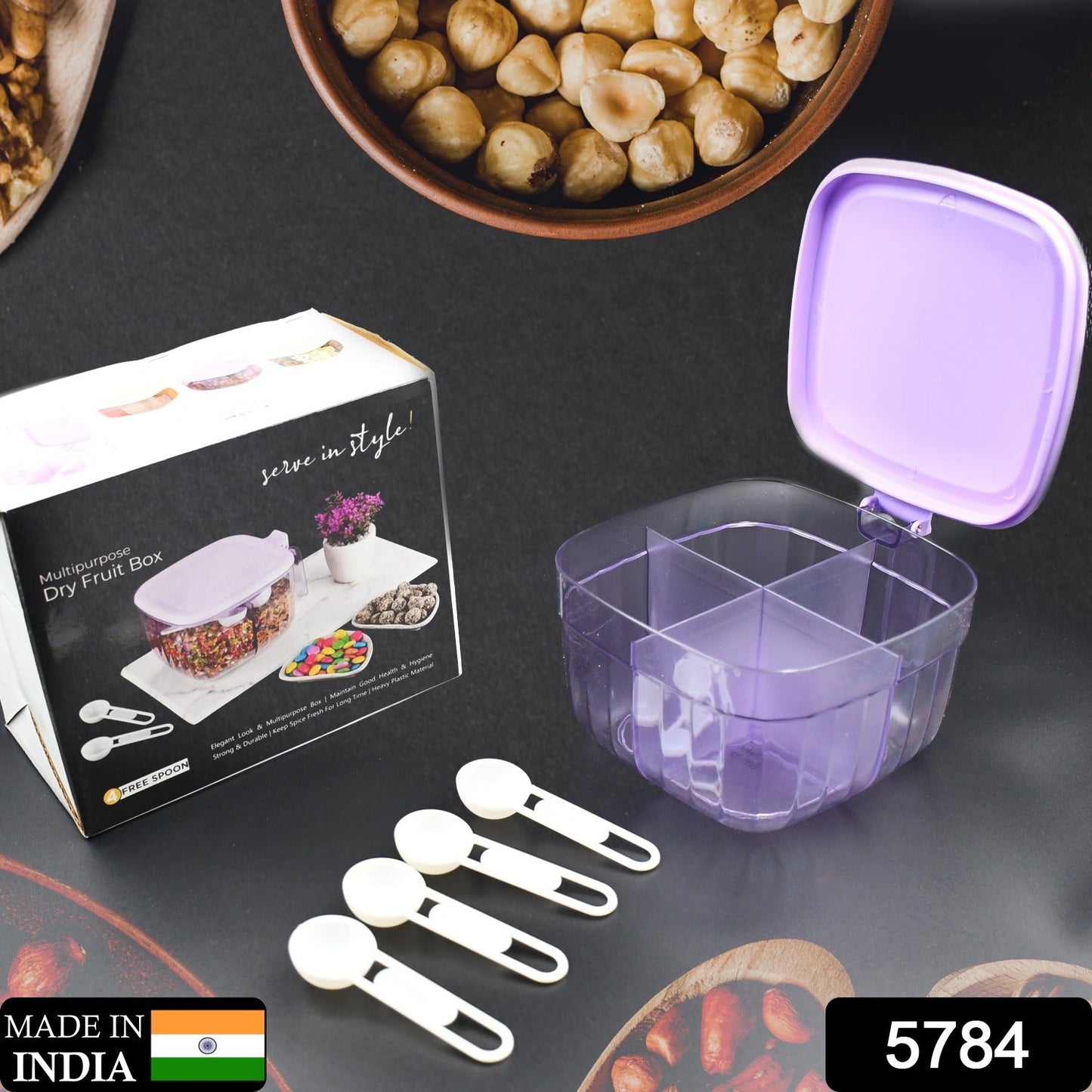 4-Compartment Airtight Food Storage Container (1 Pc): Dry Fruits, Snacks, Spices