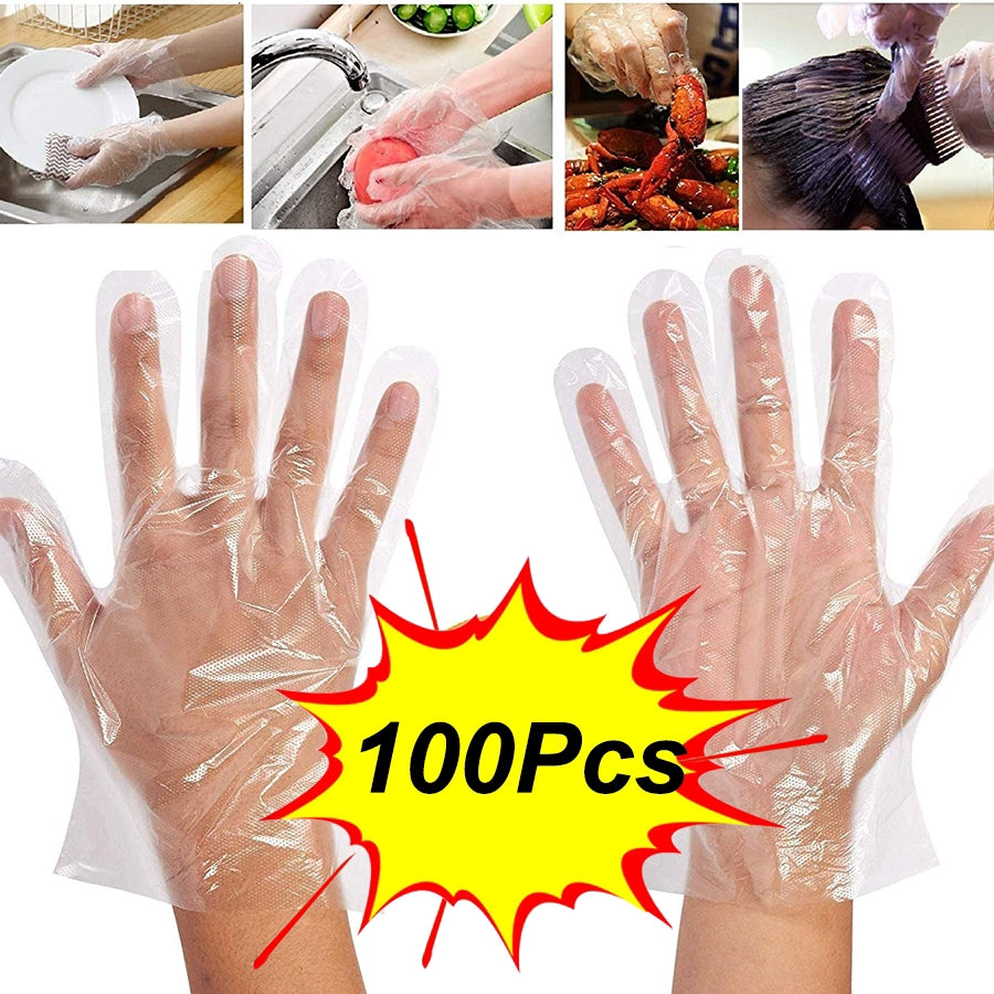 0670 Plastic Transparent Disposable Clear Gloves (White) (100Pc) 