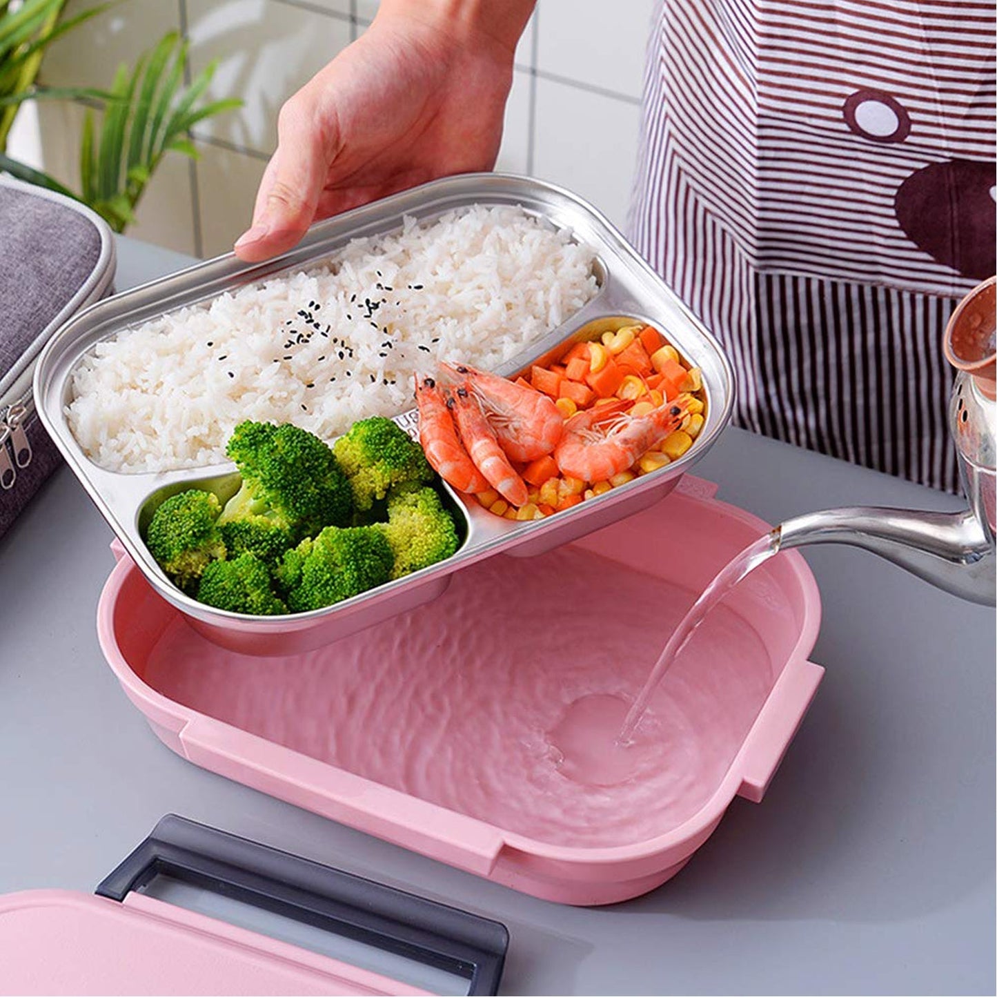 2041 Pink Lunch Box for Kids and adults, Stainless Steel Lunch Box with 3 Compartments With spoon slot. 