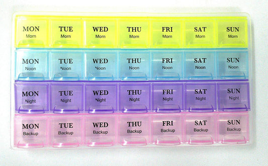 0383 Pill Case- 4 Row 28 Squares Weekly 7 Days Tablet Box Holder Medicine Storage Organizer Container 