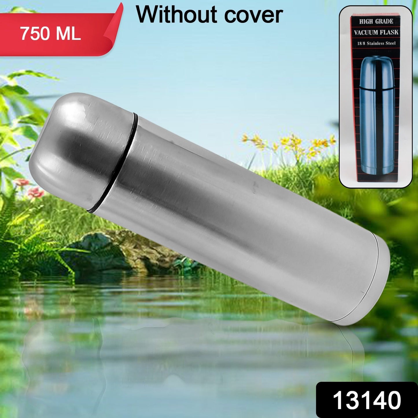 Vacuum Flask Without Cover, 18/8 Stainless Steel | Hot and Cold Water Bottle with Push-Down Lid | Double Walled Stainless Steel Bottle for Travel, Home, Office, School, Picnic (750 ML / Without Cover)